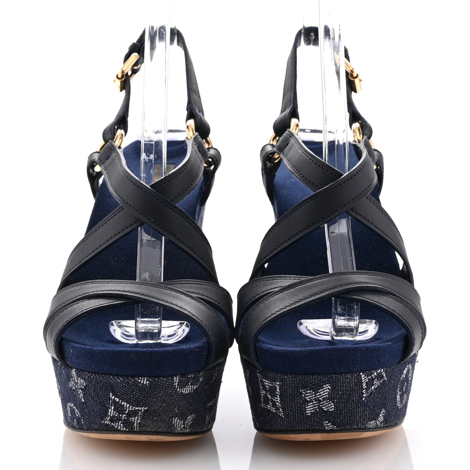 Louis Vuitton Calfskin Monogram Denim Ocean Wedge Sandals 39 Blue 3 of 9