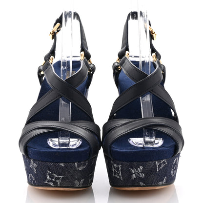 Louis Vuitton Calfskin Monogram Denim Ocean Wedge Sandals 39 Blue 3 of 9