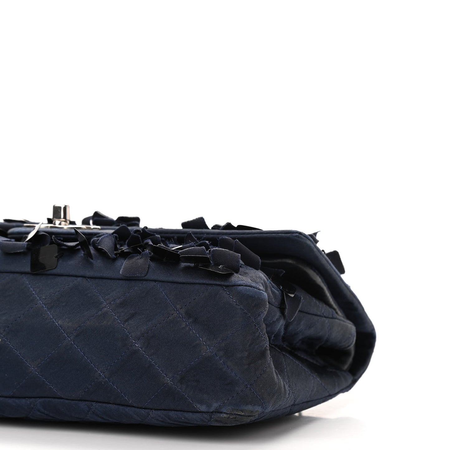 Satin Paillette Sequin Quilted Medium Single Flap Navy