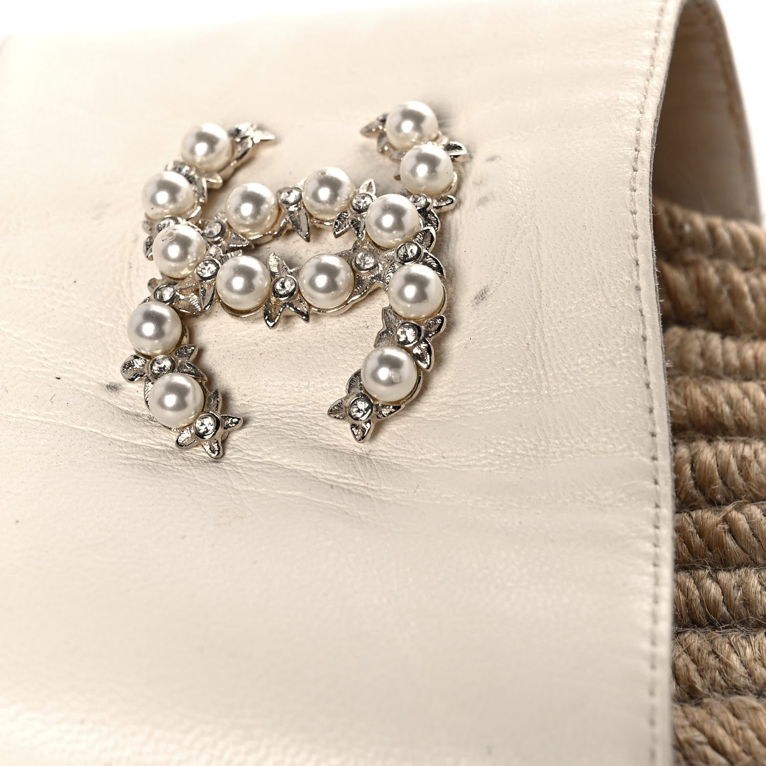 Chanel Lambskin Pearl CC Espadrille Slip On Sandals 37.5 Ivory 9 of 9