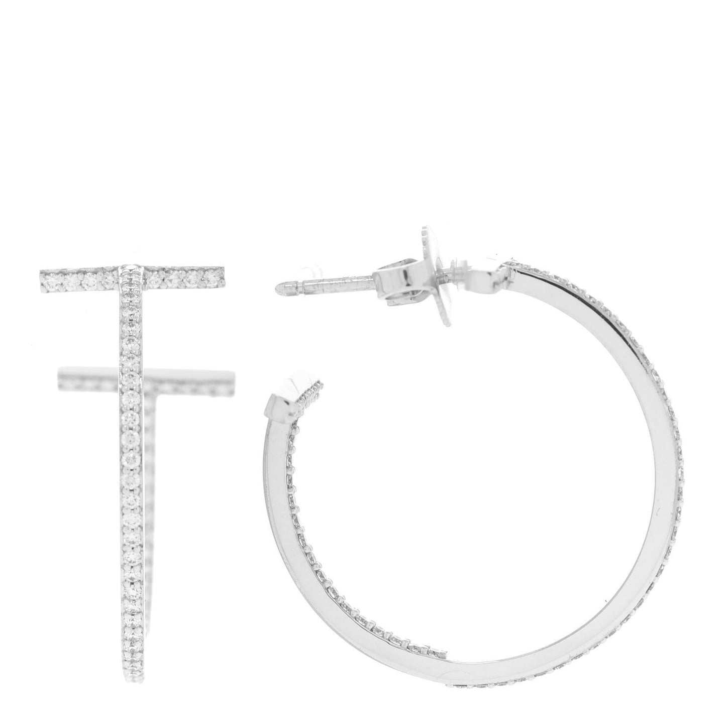 18K White Gold Diamond Medium T Wire Hoop Earrings