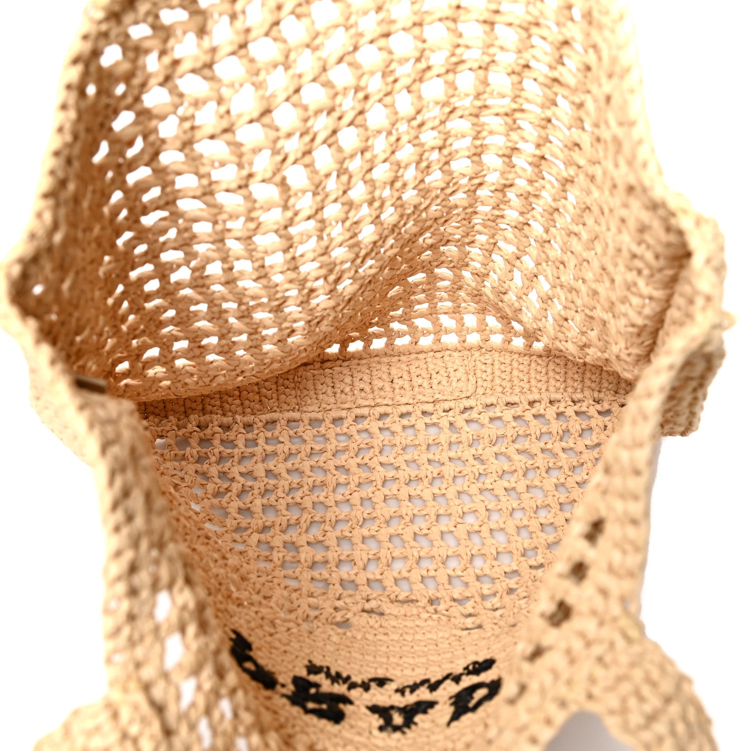 Prada Yarn Raffia Effect Crochet Logo Embroidered Tote Bag Naturale 5 of 9