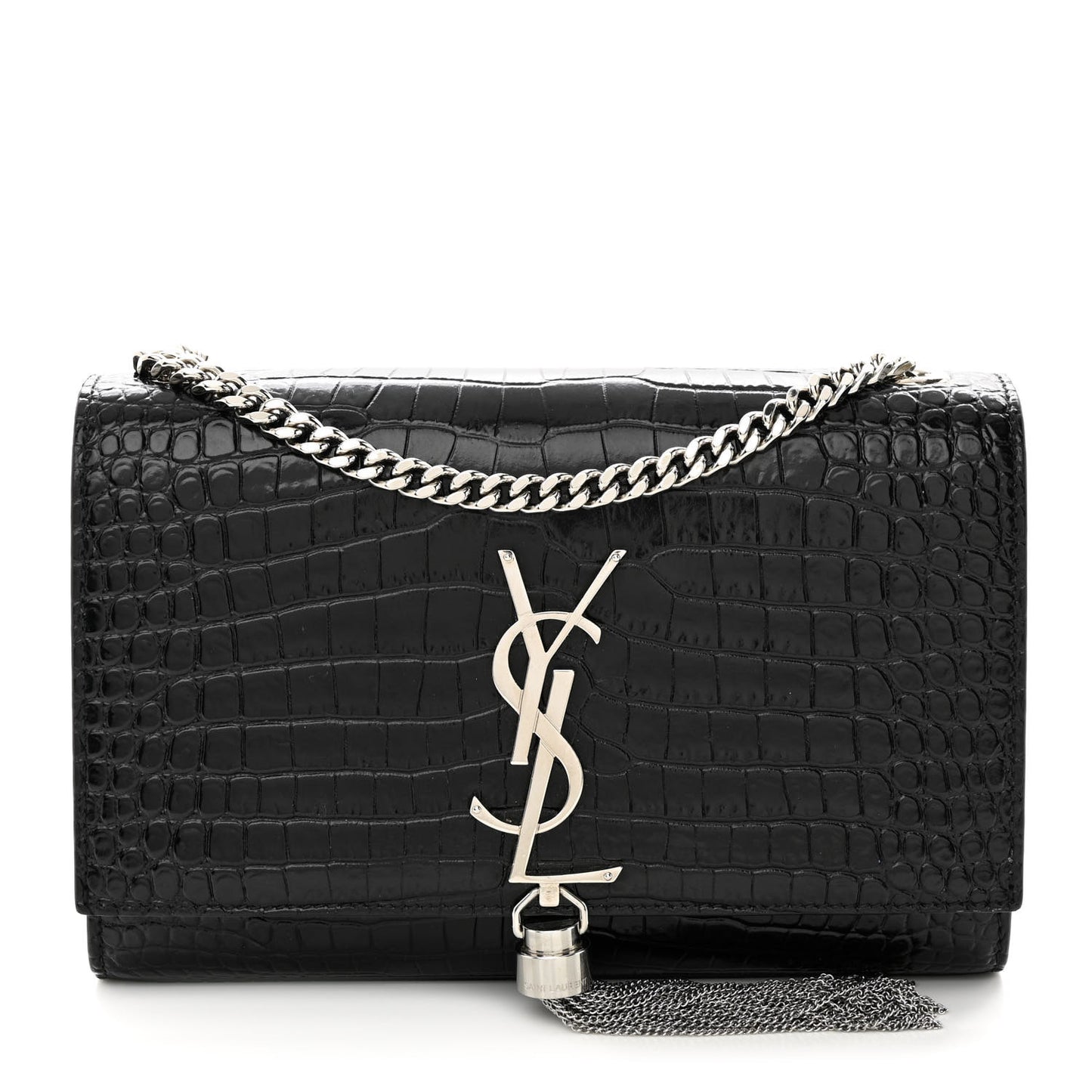 Calfskin Crocodile Embossed Small Classic Monogram Kate Tassel Satchel Black