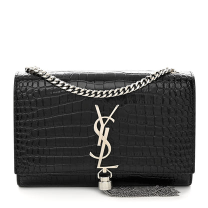 Saint Laurent Calfskin Crocodile Embossed Small Classic Monogram Kate Tassel Satchel Black 1 of 10