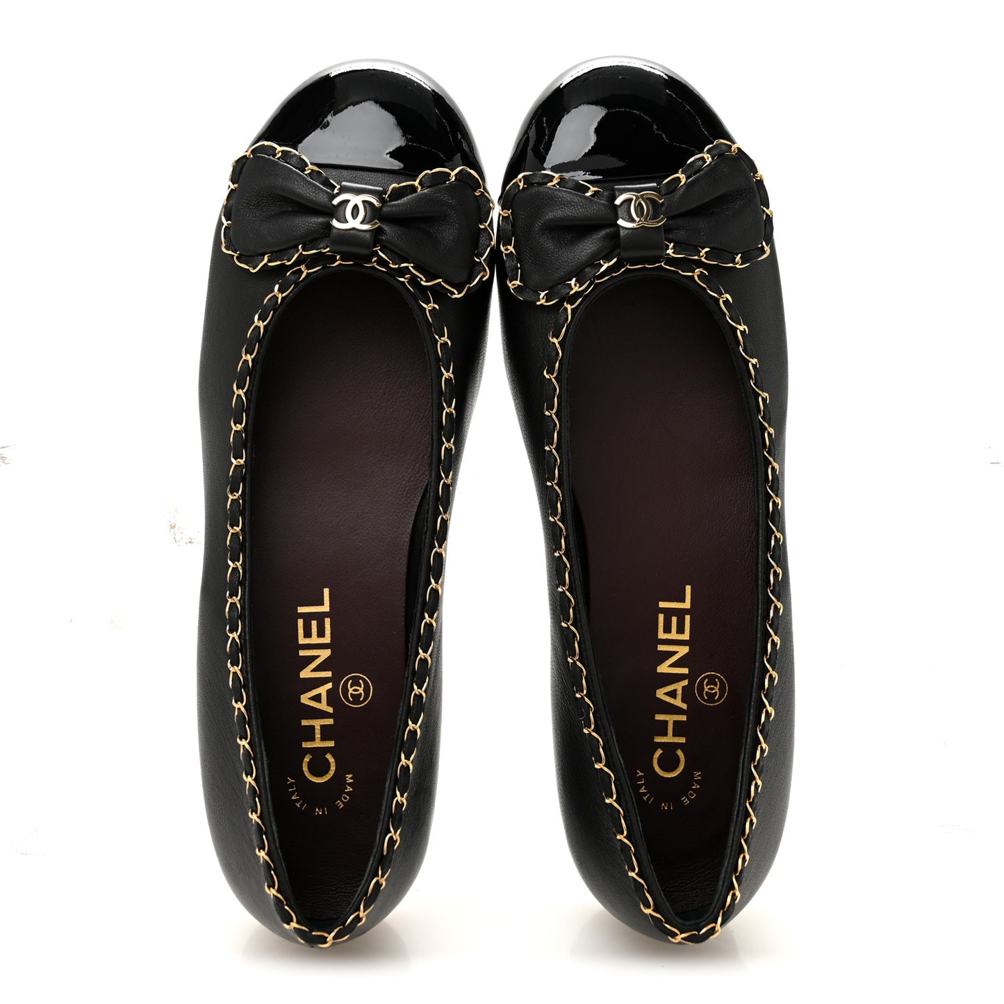 Lambskin Patent Cap Toe Chain Around Ballerina Flats 37 Black
