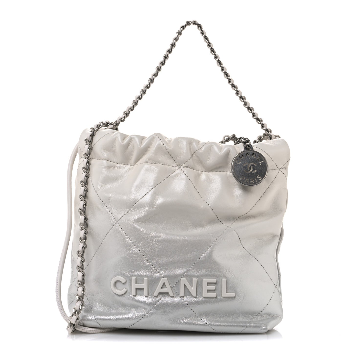 Metallic Shaded Calfskin Quilted Mini Chanel 22 White Silver