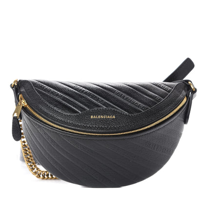 Balenciaga Shiny Goatskin Allover Logo Embossed XXS Souvenir Belt Bag Black 1 of 9