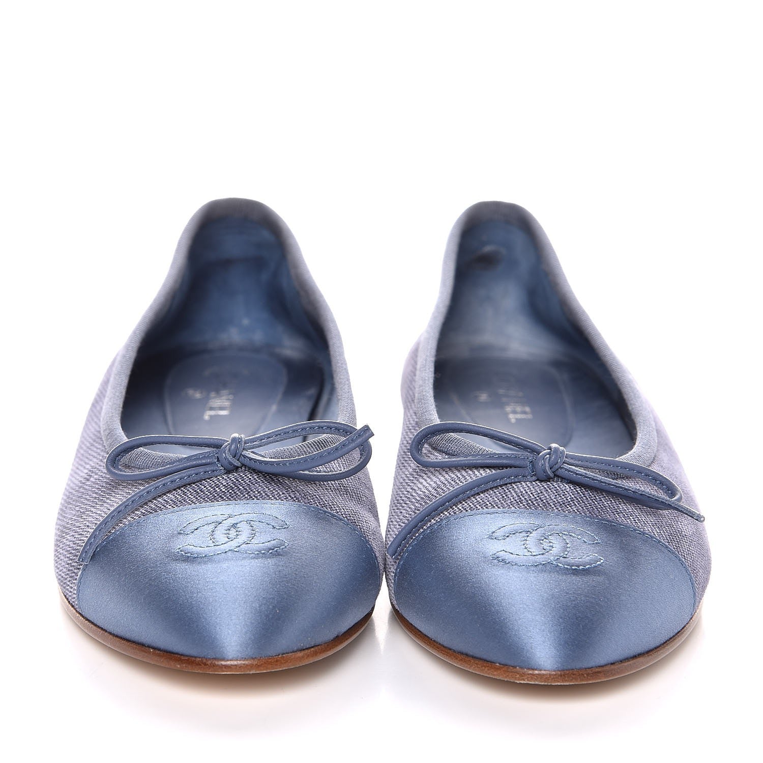 Chanel Satin Denim Goatskin CC Cap Toe Ballerina Flats 37.5 Blue 2 of 9