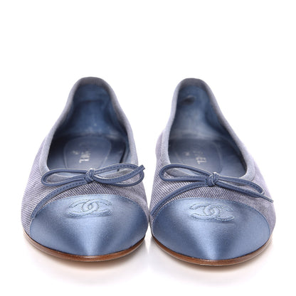 Chanel Satin Denim Goatskin CC Cap Toe Ballerina Flats 37.5 Blue 2 of 9