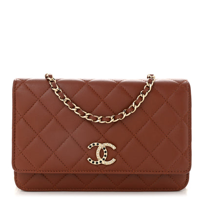 Chanel Lambskin Quilted Crystal Pearl CC Wallet On Chain WOC  Brown 1 of 12