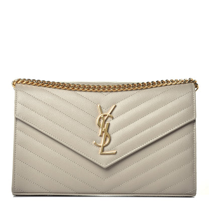 Saint Laurent Grain De Poudre Matelasse Chevron Monogram Chain Wallet Sea Salt 1 of 8