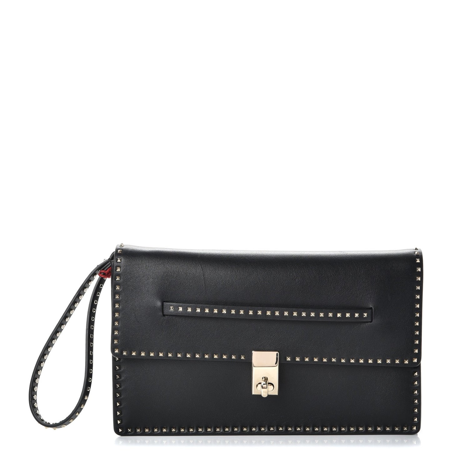 Calfskin Rockstud Turn Lock Flap Clutch Black