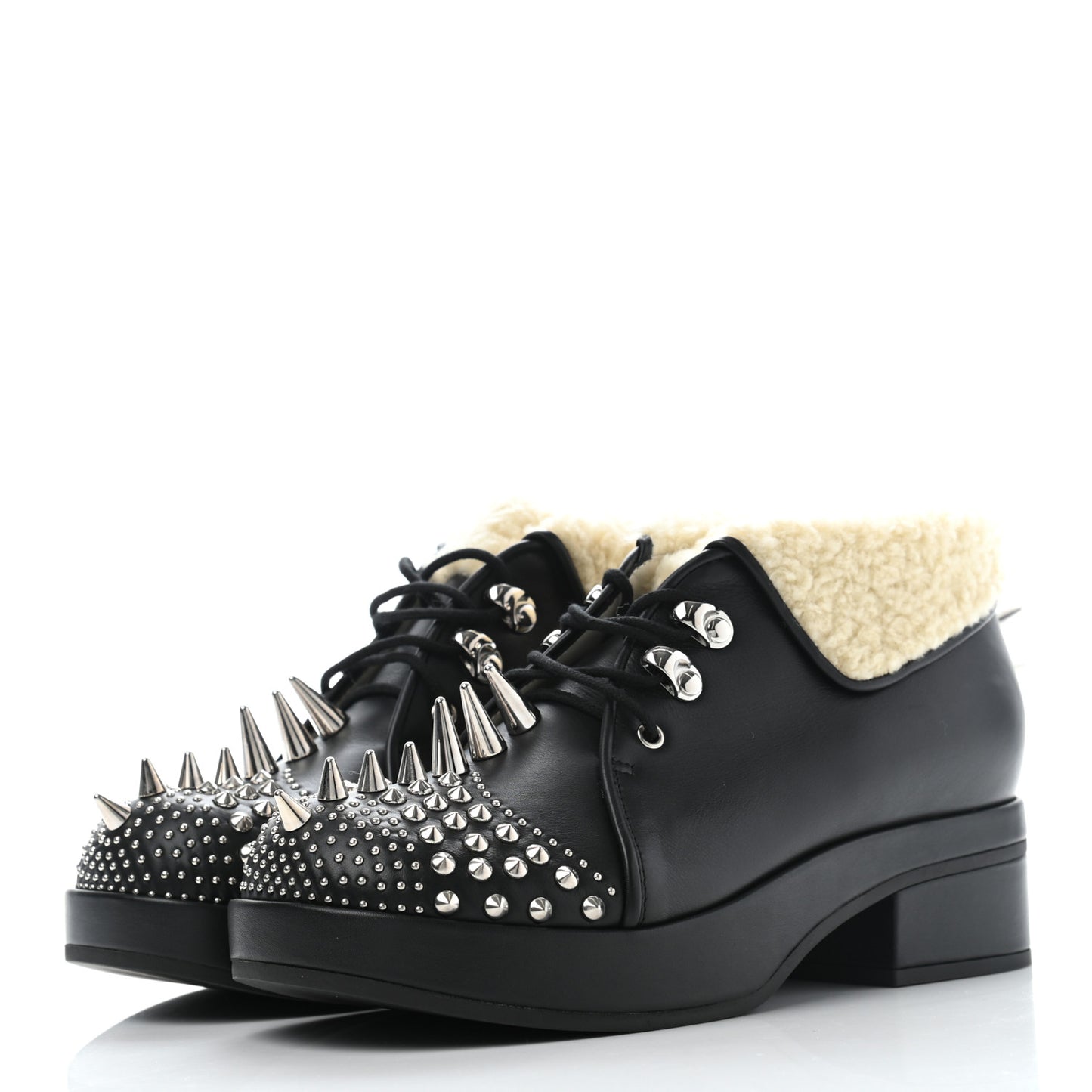 Calfskin Faux Shearling Studded Victor Ankle Boots 36 Black Mystic White