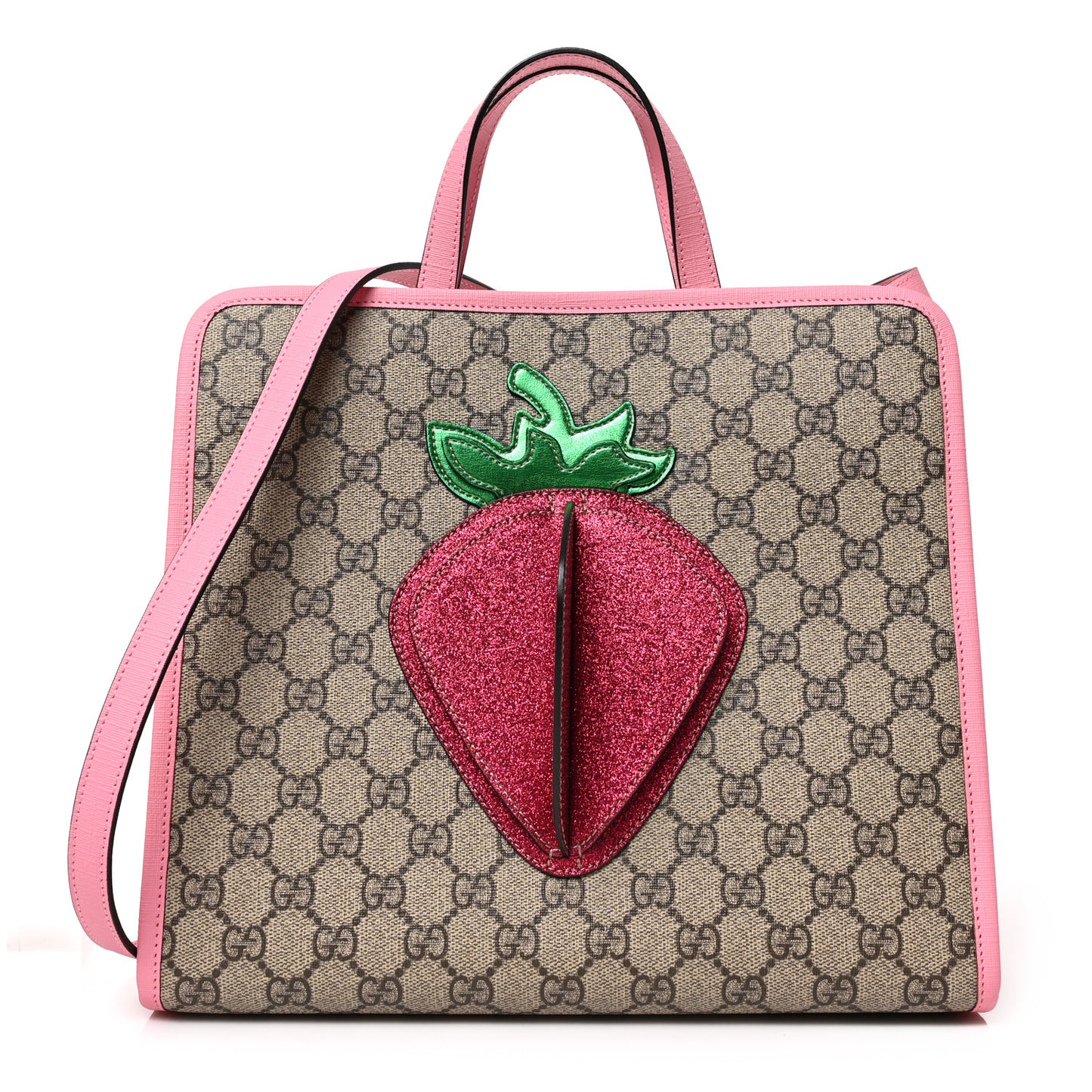 GG Supreme Monogram 3-D Strawberry Childrens Tote Beige Ebony Lotus Pink Fuxia Emerald