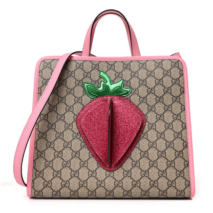 Gucci GG Supreme Monogram 3-D Strawberry Childrens Tote Beige Ebony Lotus Pink Fuxia Emerald 1 of 9