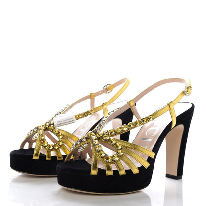 Gucci Velvet Nappa Crystal Zephyra Slingback Platform High Heel Sandals 38.5 Black Gold 2 of 8