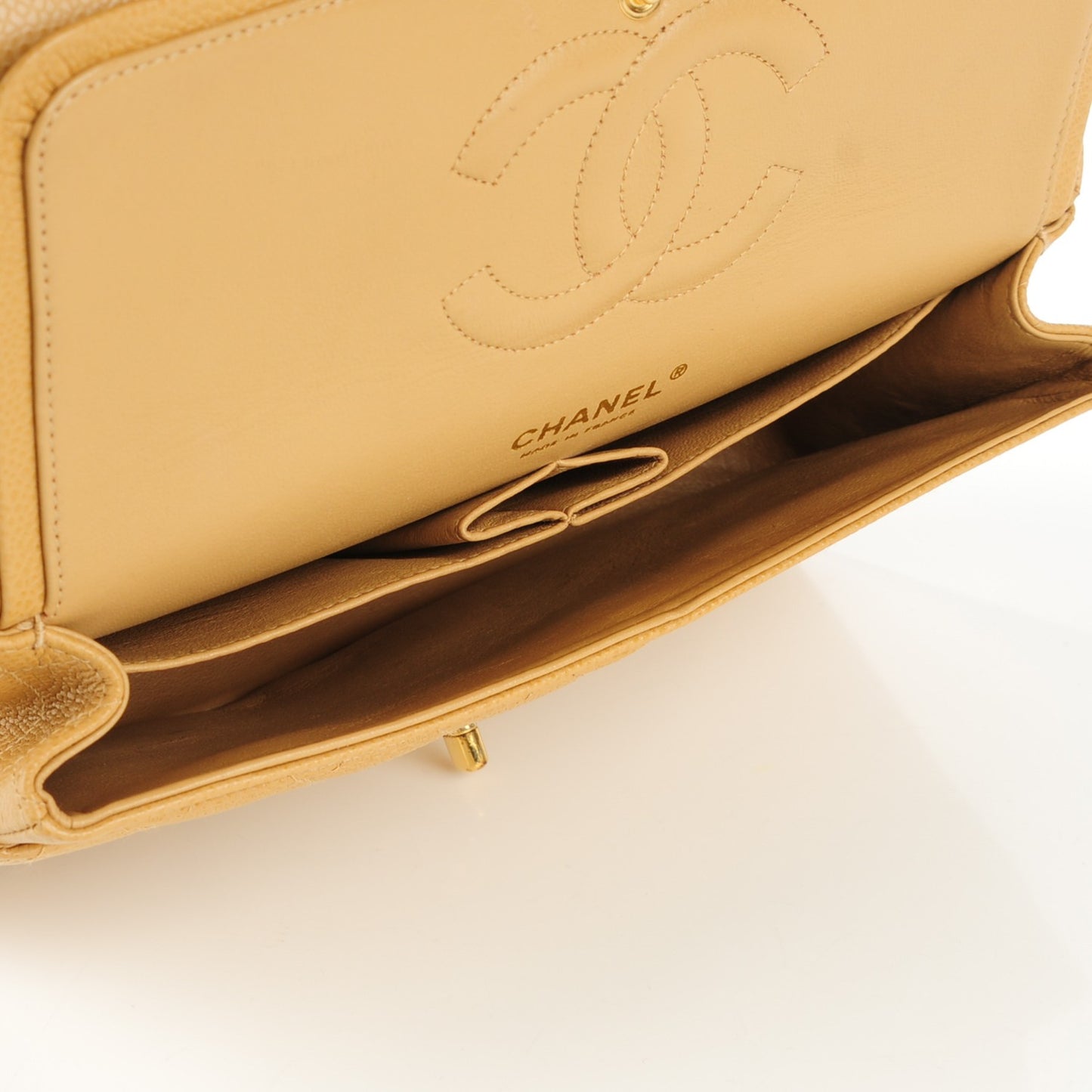 Caviar Quilted Medium Double Flap Beige
