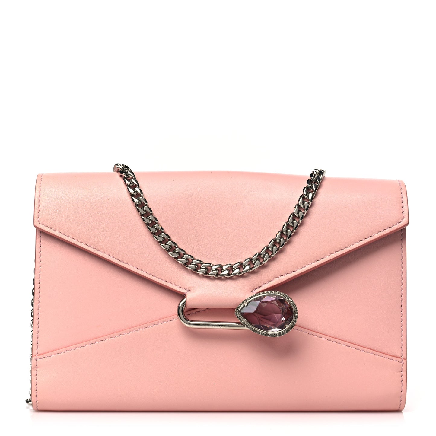Calfskin Crystal Pin Envelope Wallet On Chain Pink