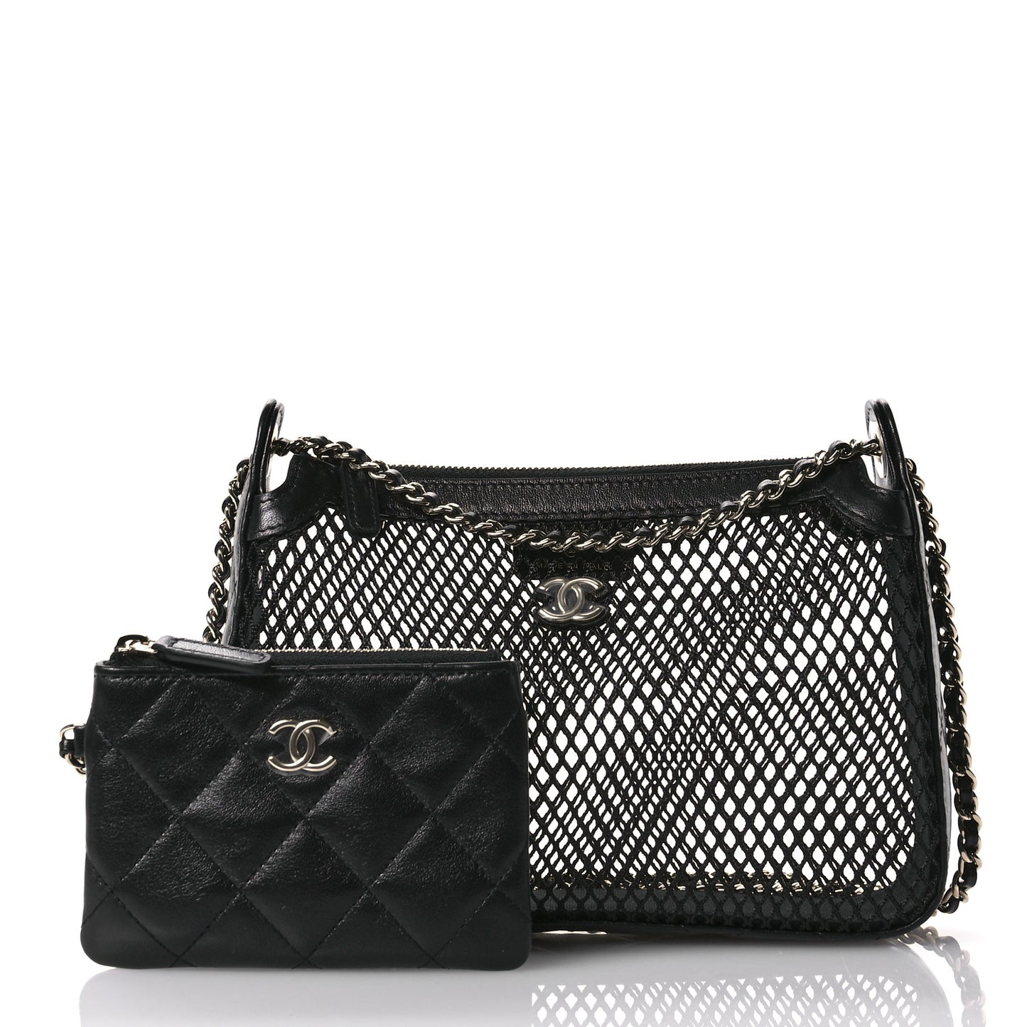 Mesh Shiny Lambskin Clutch With Chain  Black