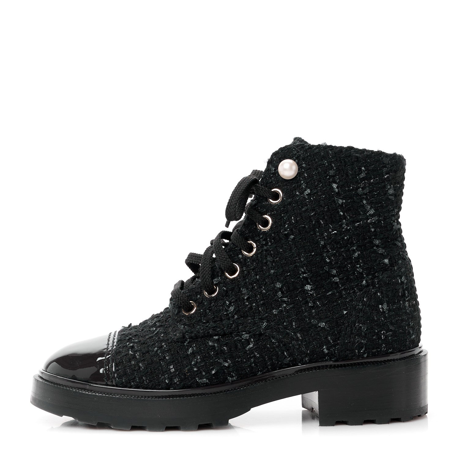 Chanel Tweed Patent Calfskin Pearl Combat Short Boots 35.5 Black Grey Blue 1 of 8