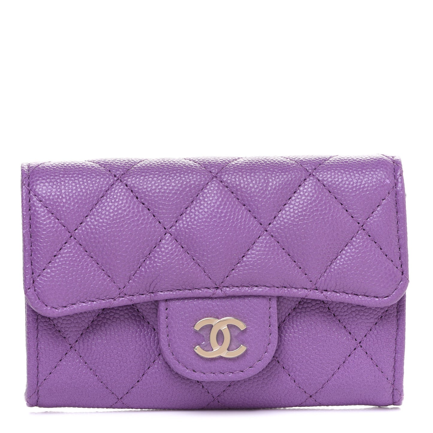 Caviar Quilted Flap Card Holder Wallet Purple