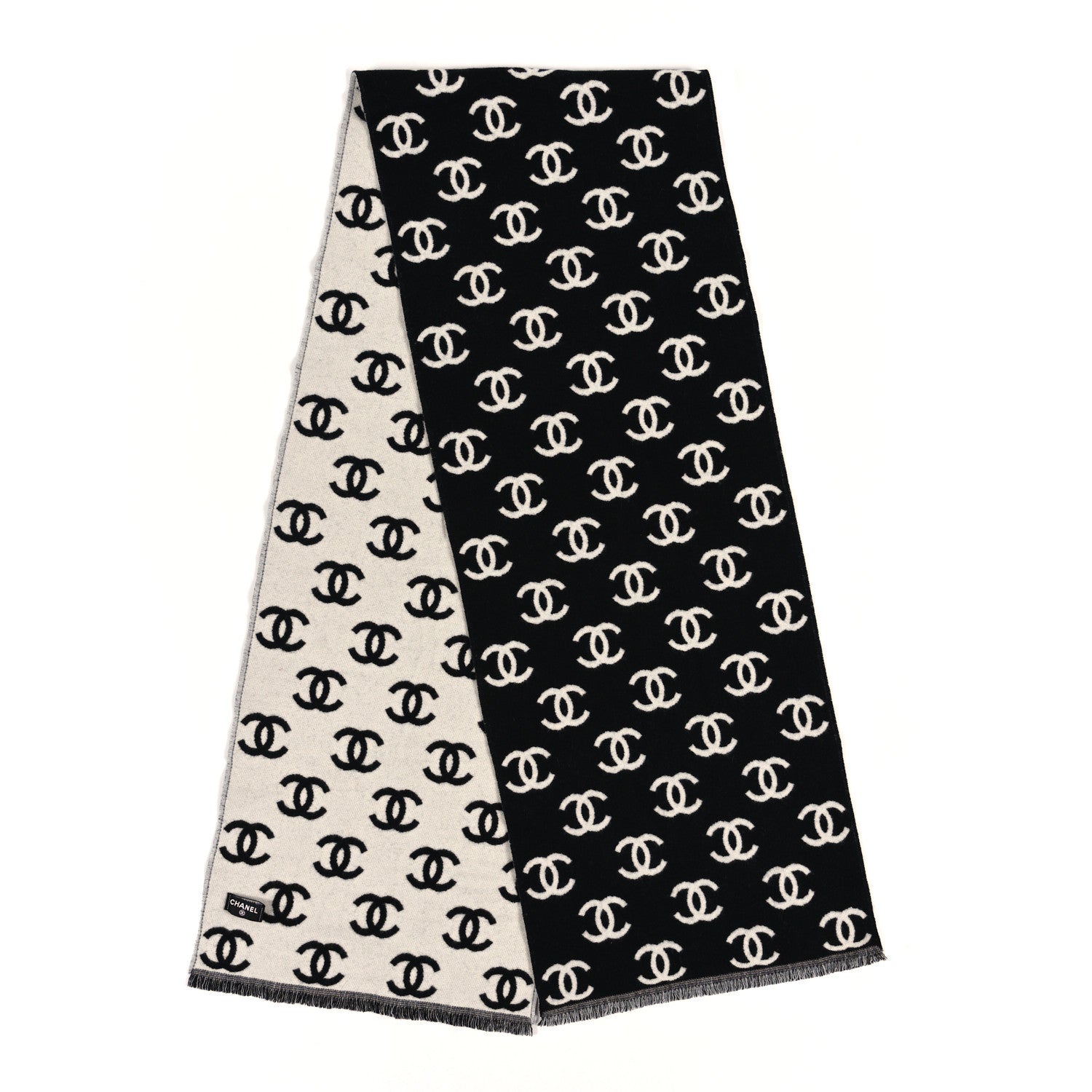 Chanel Wool Cashmere CC Scarf Black White 2 of 3