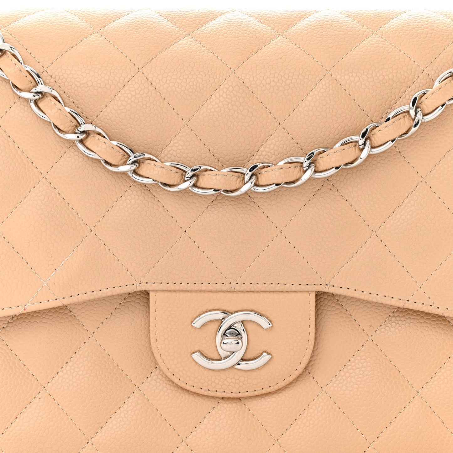 Caviar Quilted Jumbo Double Flap Beige
