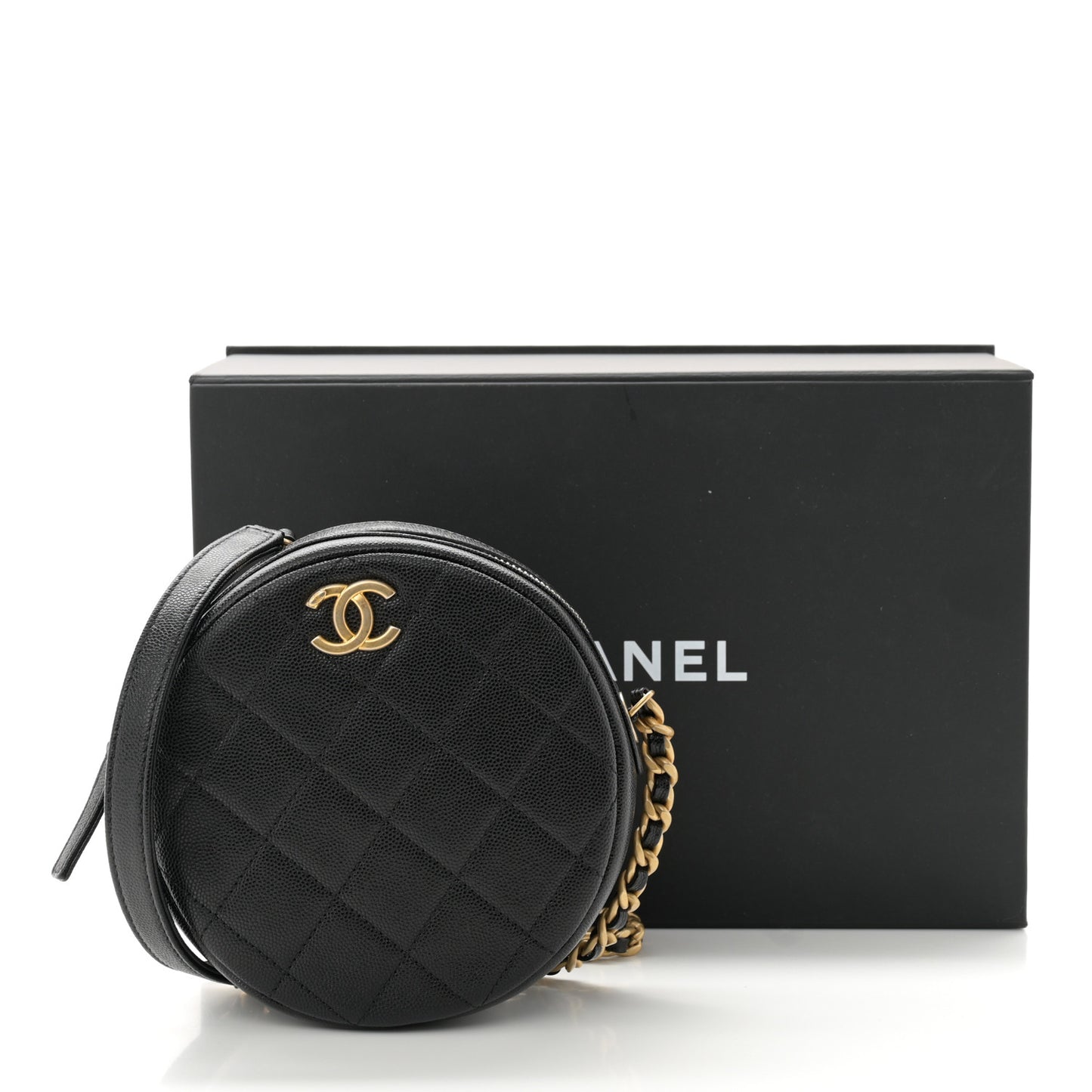 Caviar Quilted Small Round Bag With Chain Black
