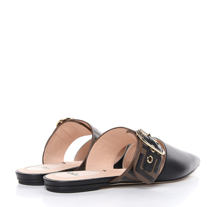 Fendi Vitello FF Embossed Buckle Flat Mules 37 Maya Black 4 of 8