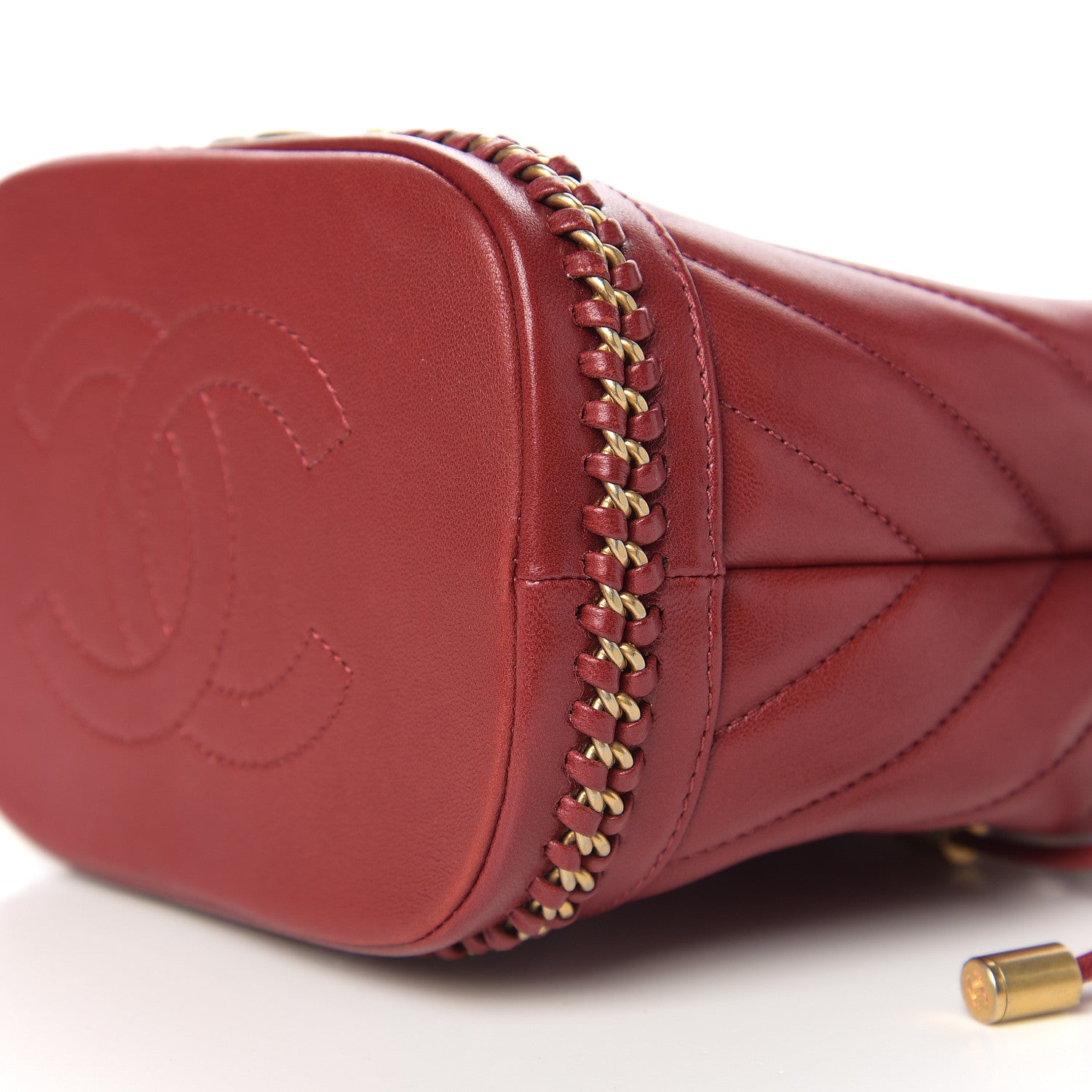 Chanel Sheepskin Chevron Quilted Small Drawstring Bag Dark Red 9 of 10