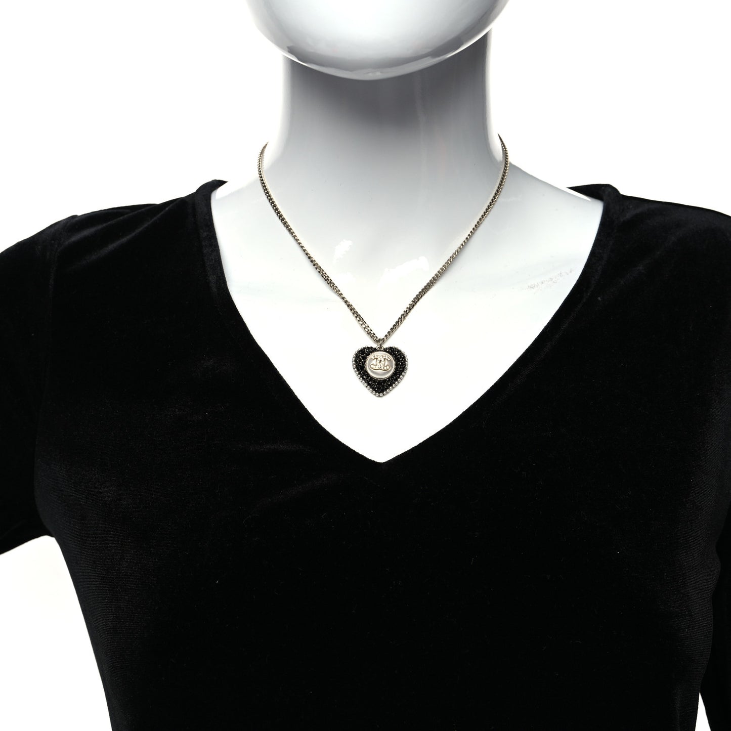 Pearl Crystal CC Heart Necklace Gold Pearly White Black