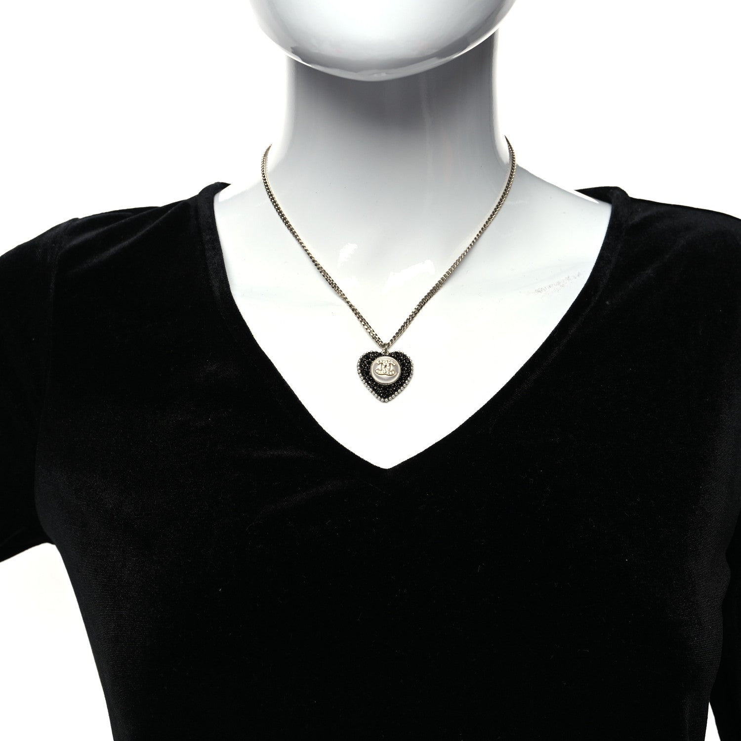 Chanel Pearl Crystal CC Heart Necklace Gold Pearly White Black 2 of 5