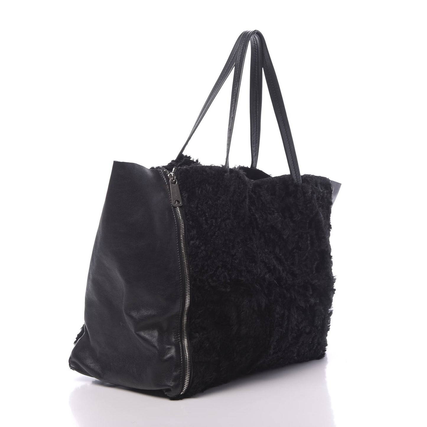 Shiny Smooth Calfskin Shearling Horizontal Cabas Zipper Tote Black