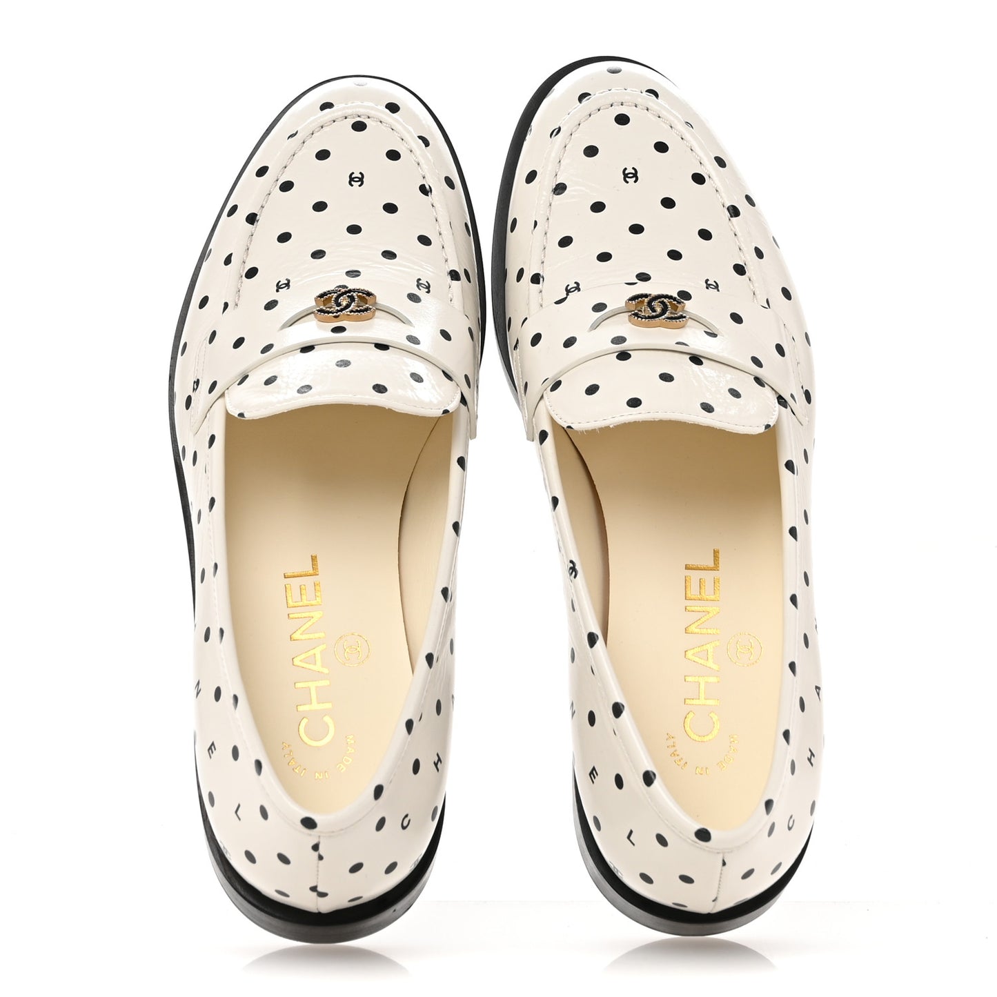 Printed Calfskin CC Dots Moccasin Loafers 36 Ivory Black