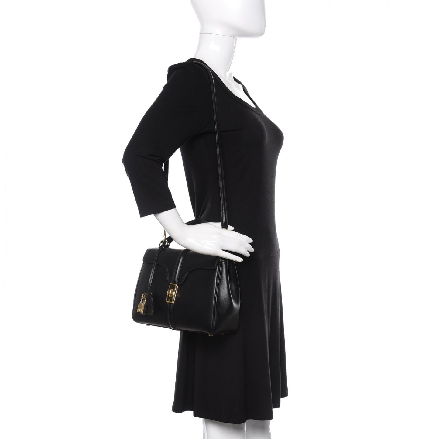 Satinated Calfskin Small 16 Top Handle Bag Black