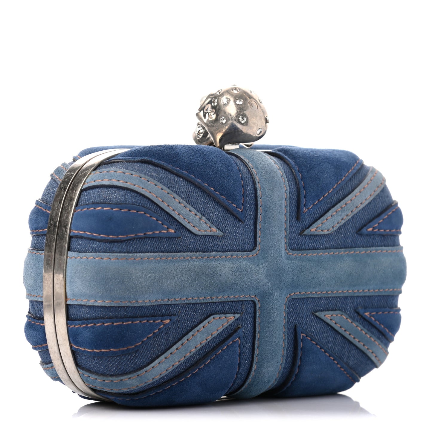 Suede Denim Britannia Skull Box Clutch Blue