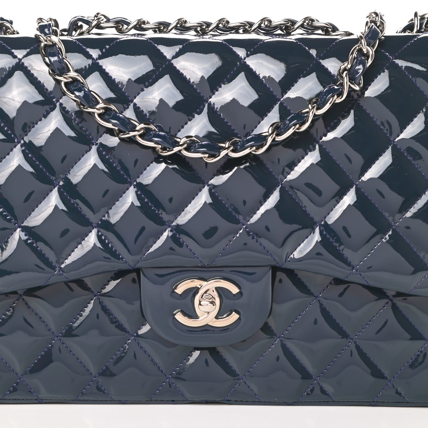 Patent Quilted Jumbo Single Flap Navy