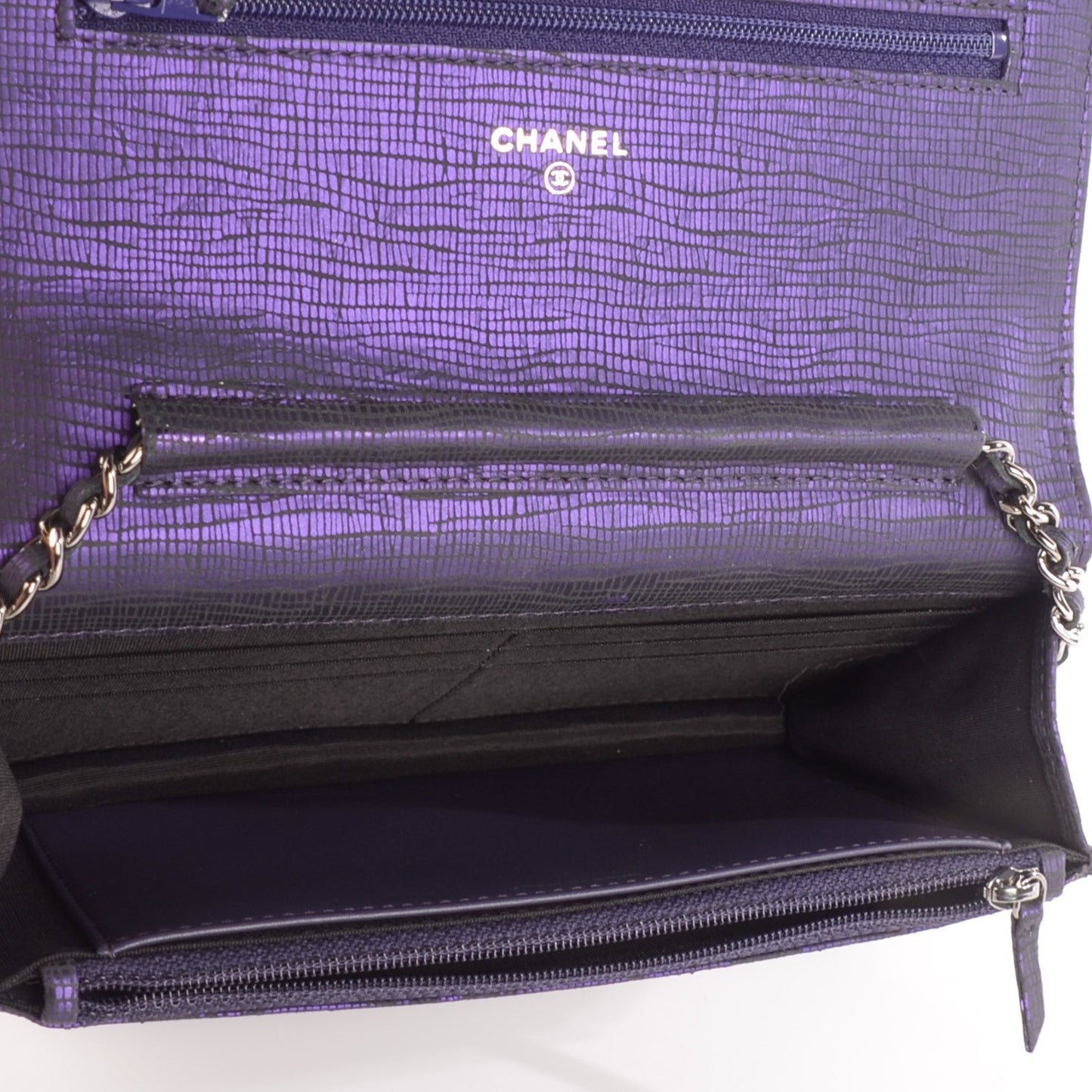 Iridescent Stamped Calfskin Timeless Wallet on Chain WOC Purple
