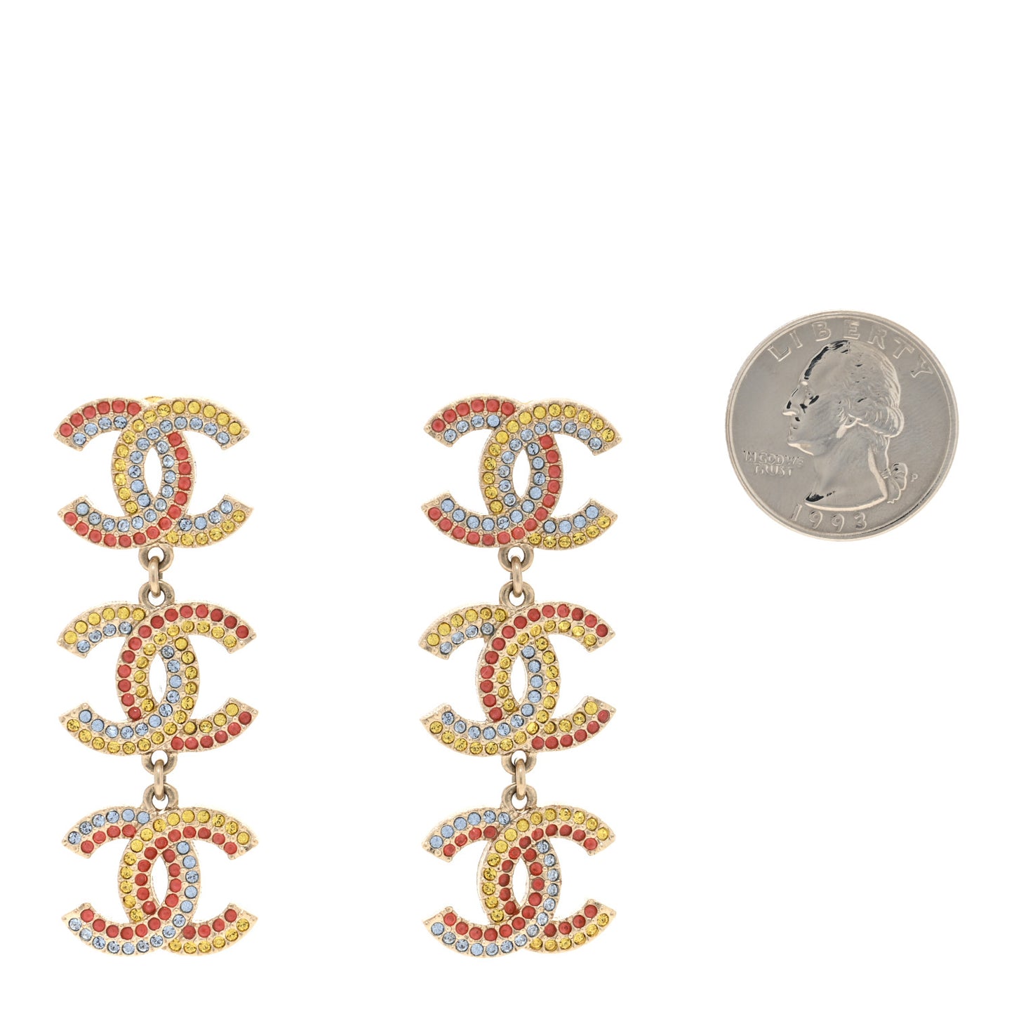 Metal Crystal CC Triple Drop Earrings Gold Multicolor