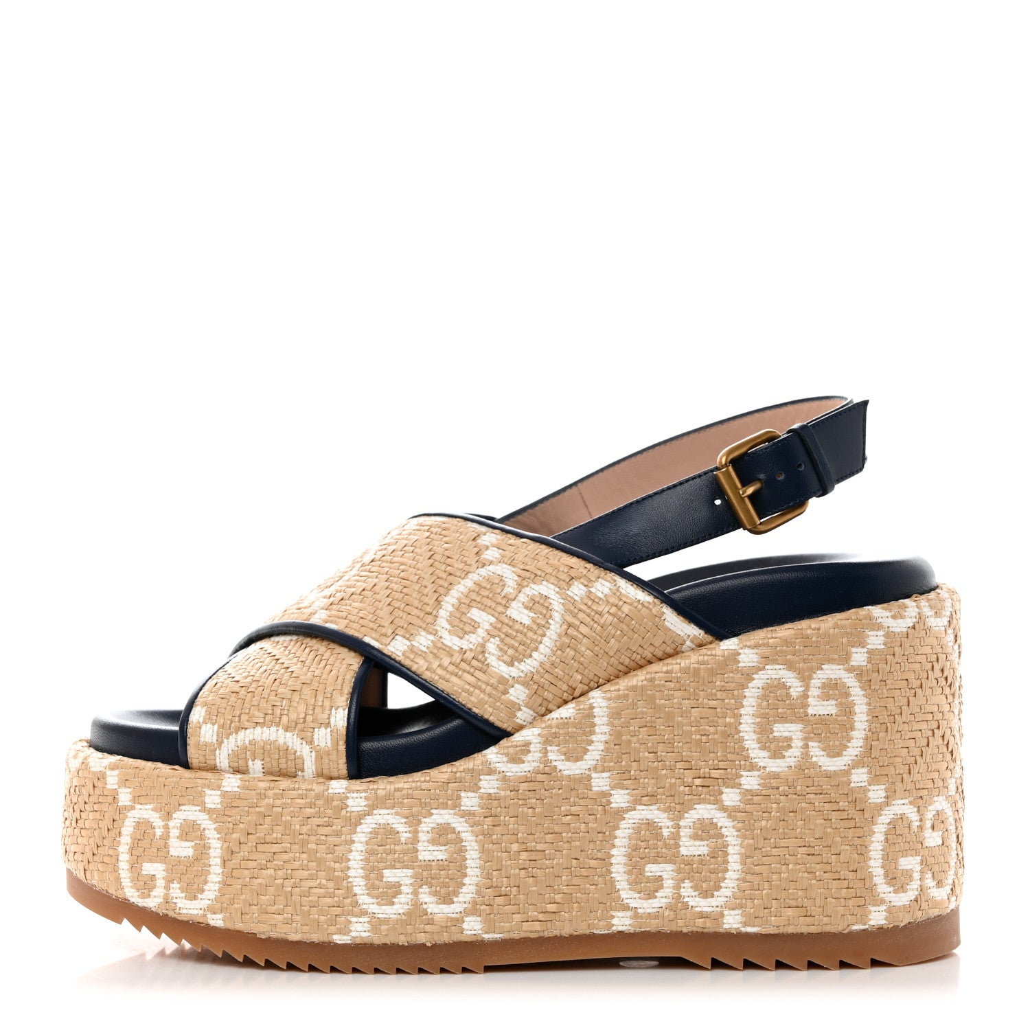 Gucci Raffia Nappa GG Monogram Angelina Platform Slingback Sandals 40 Natural Great White Blue Agata 1 of 9