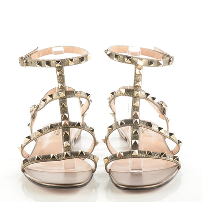 Valentino Garavani Metallic Pebbled Calfskin Rockstud Gladiator Flat Sandals 38.5 Sasso 2 of 8