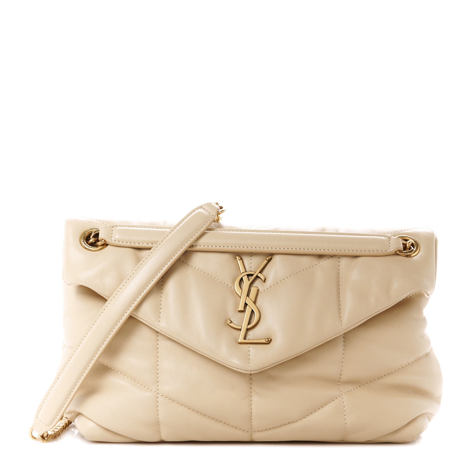 Saint Laurent Lambskin Quilted Small Loulou Puffer Monogram Chain Satchel Dark Beige 1 of 11