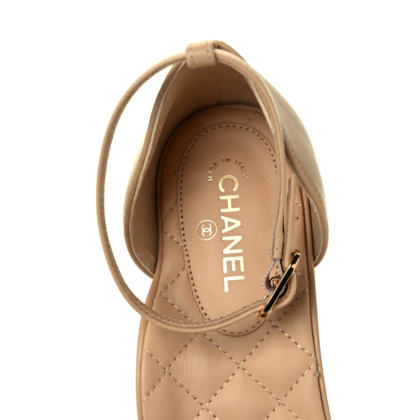 Lambskin Grosgrain Cap Toe CC Ankle Strap Sandals 36 Beige Black
