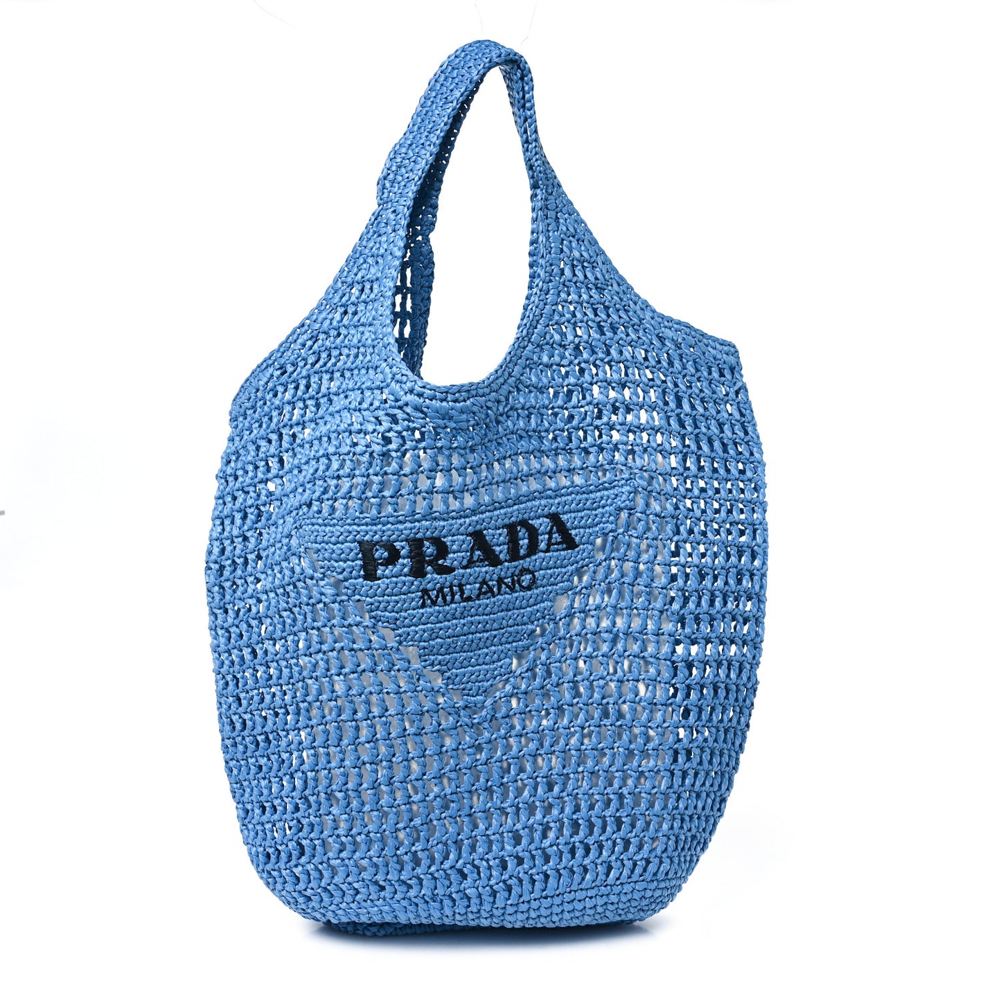 Yarn Raffia Effect Crochet Logo Embroidered Shopping Tote Bag Celeste