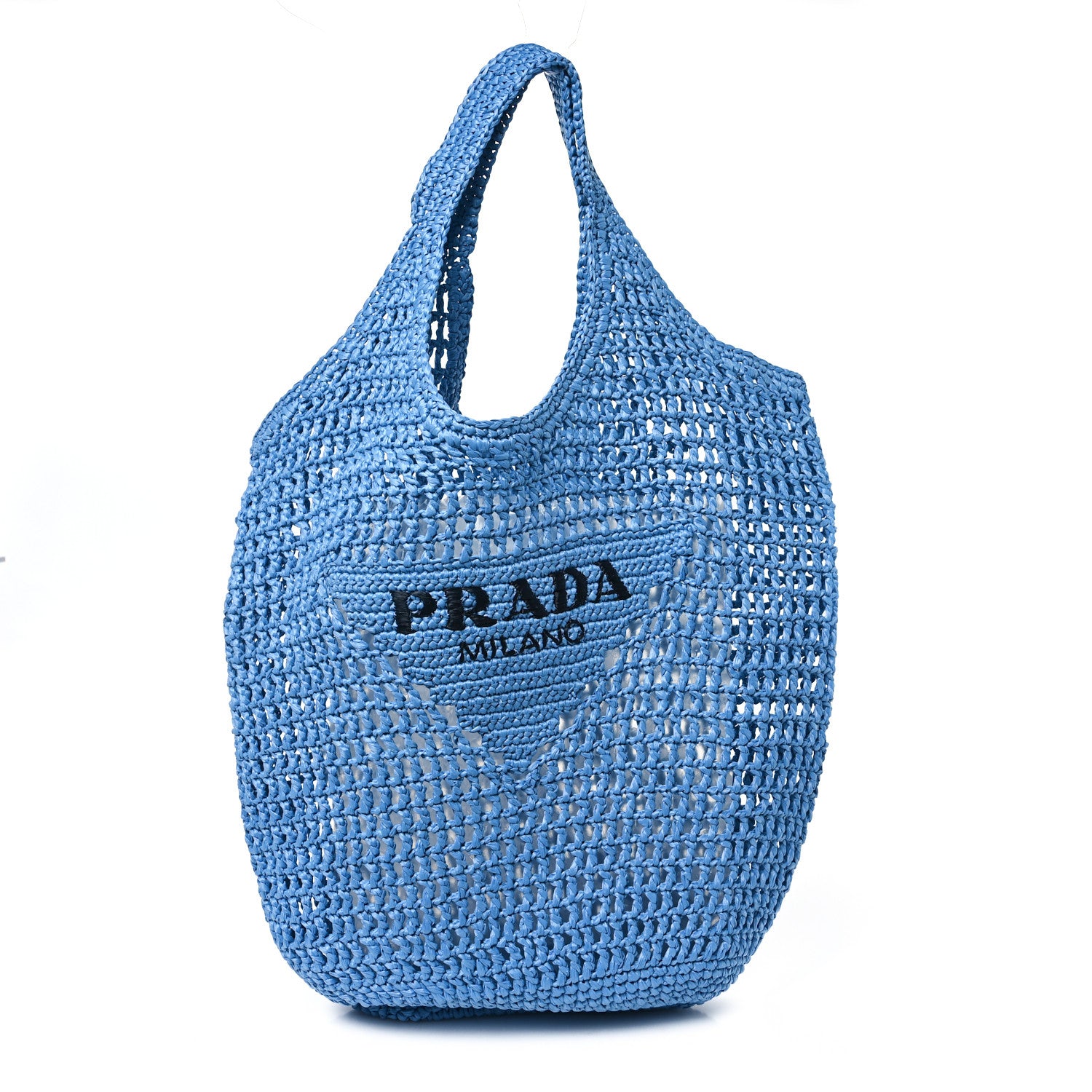 Prada Yarn Raffia Effect Crochet Logo Embroidered Shopping Tote Bag Celeste 1 of 9