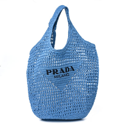 Prada Yarn Raffia Effect Crochet Logo Embroidered Shopping Tote Bag Celeste 1 of 9