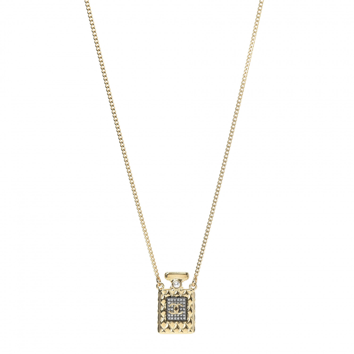 Chanel Crystal Pearl Perfume Bottle CC Necklace Gold 1 of 6