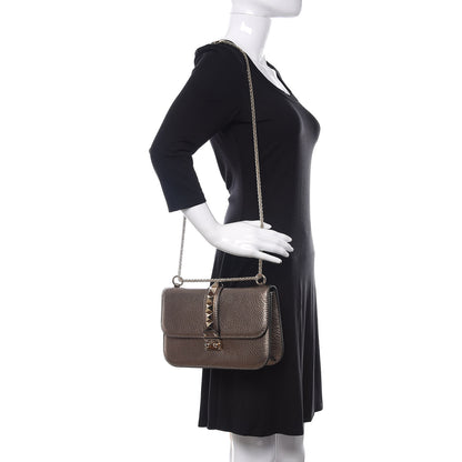 Valentino Garavani Metallic Vitello Medium Glam Lock Rockstud Flap Sasso 2 of 9
