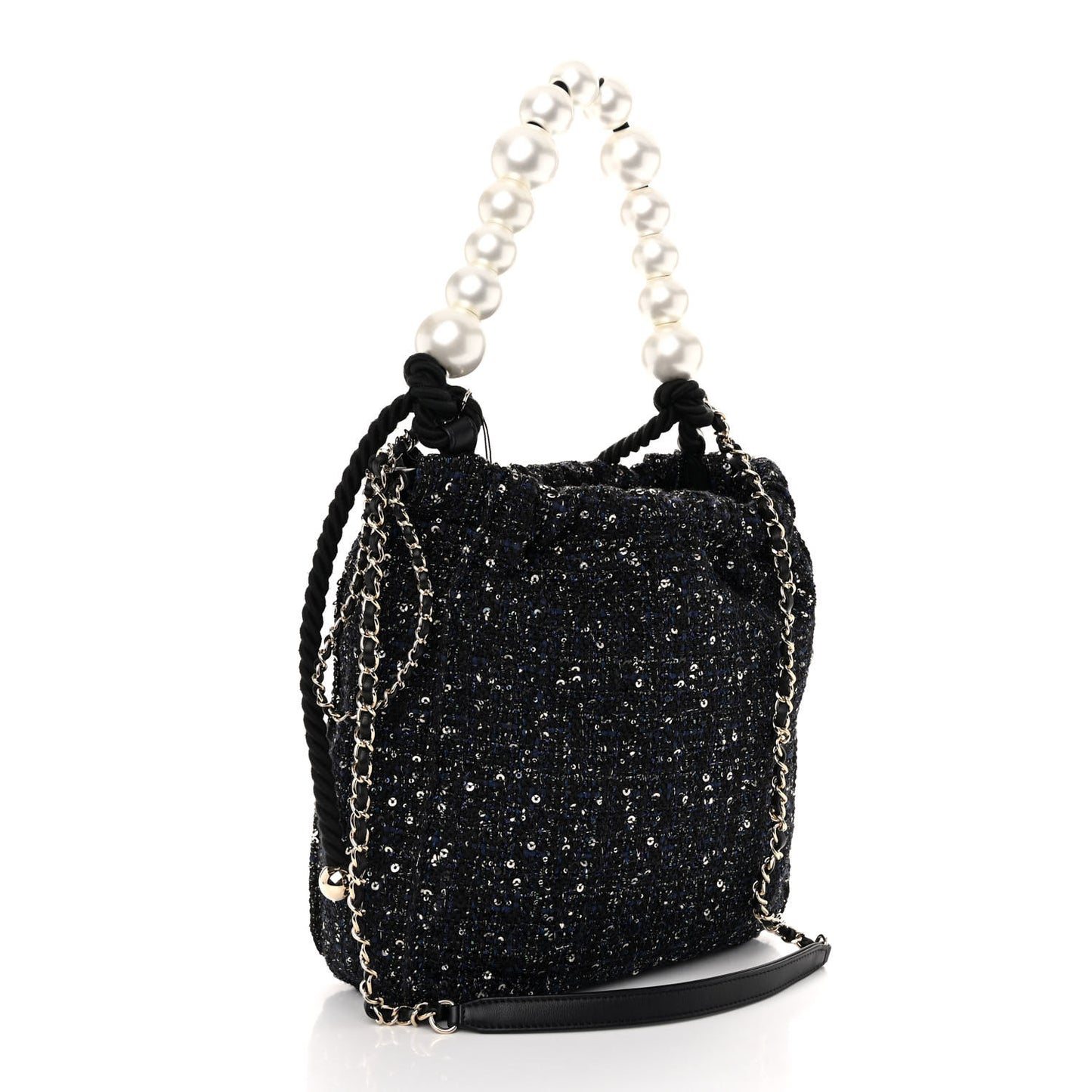 Tweed Pearl Handle Drawstring Bag Black Ecru