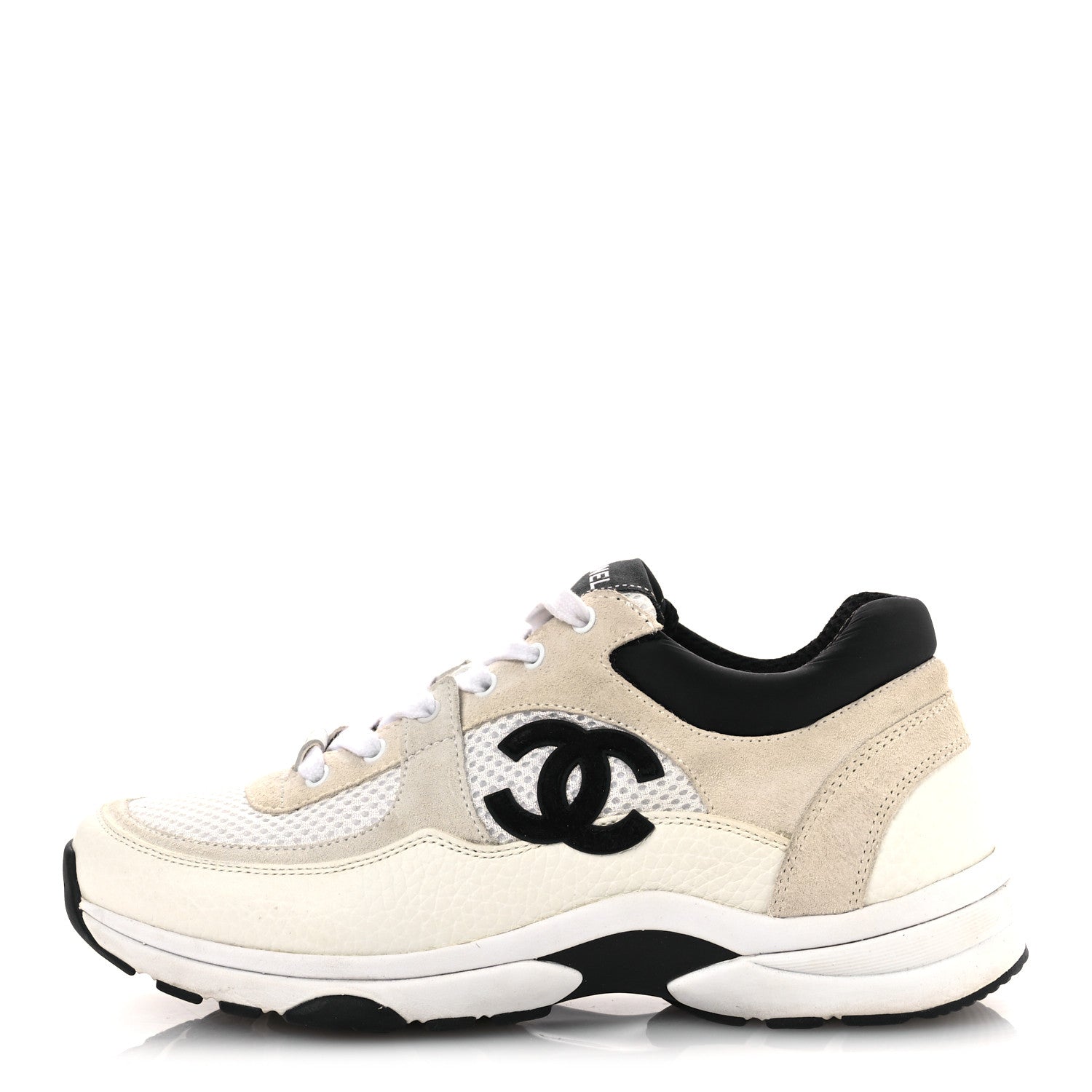 Chanel Mesh Suede Calfskin Grained Calfskin Womens CC Sneakers 37 White Black 1 of 13